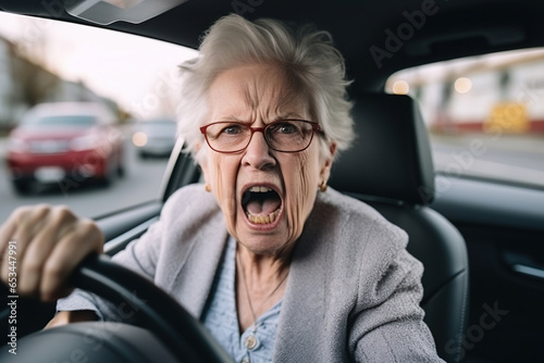 Close up, elderly woman gets angry while driving her car in traffic, she shouting a lot, angry and quarrelsome