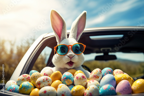 Cute Easter Bunny with sunglasses looking out of a car