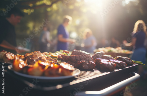 A family celebrating a birthday party with a barbecue in the backyard of their house  enjoying friendship and good company as a family. Family unity.