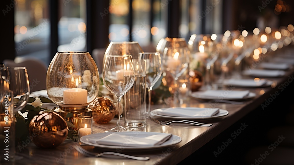 Table setting for a wedding. Glasses and plates for a romantic dinner, festive atmosphere with flowers and candles. Decor in Provencal style for the holiday with gentle colors.