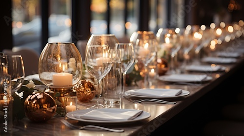 Table setting for a wedding. Glasses and plates for a romantic dinner  festive atmosphere with flowers and candles. Decor in Provencal style for the holiday with gentle colors.