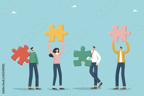 Brainstorming to create business ideas or strategy, teamwork to achieve best result and great success, finding missing element, gaining knowledge, solving complex problems, people holding puzzles.