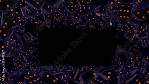 Black dices form a frame. A lot of black dices fly on black background and form of a frame. 4K seamless looping videos