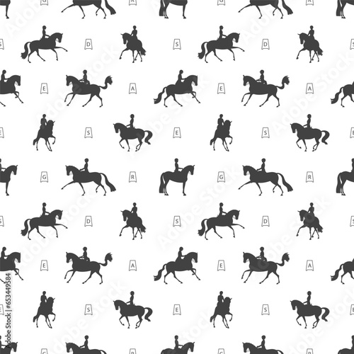 Seamless vector pattern, equestrian dressage, athletes and horses in the arena