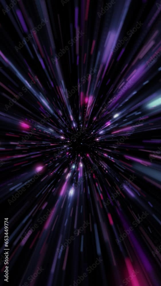 Vertical video - glowing neon colored blue pink stars in space background. Flying through a galaxy of stars and particles at super fast hyperspace warp speed. Looping, full HD motion animation.