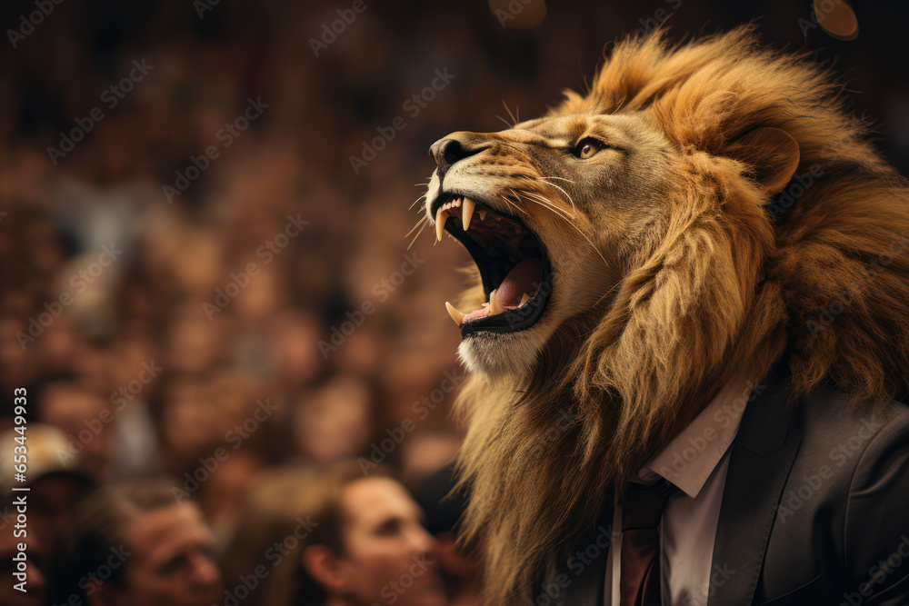 A lion as a motivational speaker, addressing a room full of animal attendees, highlighting the role of inspiration in business. Generative Ai. - obrazy, fototapety, plakaty 