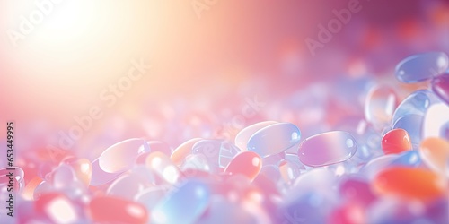 Blurred out close up of medication pills background with lots of bokeh and a bright center spotlight and a subtle vignette border.