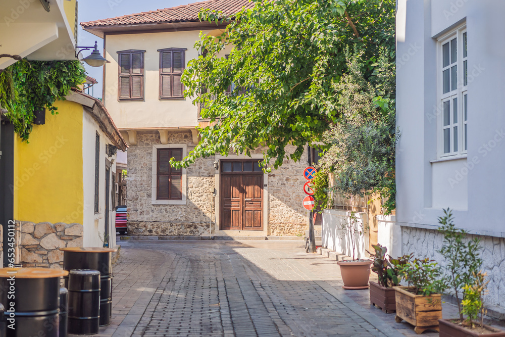 Fototapeta premium old street of Antalya interesting places and popular attractions and walks in the old city Kalechi of Antalya, Turkey. Turkiye