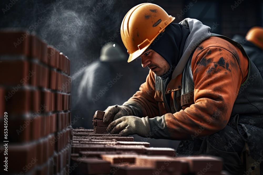 male bricklayer installing bricks on construction site - obrazy, fototapety, plakaty 