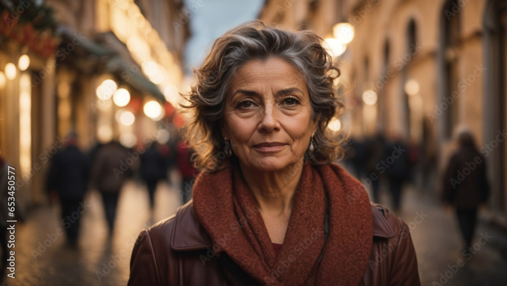 Bellissima donna italiana di 55 anni vestita con un cappotto elegante cammina nella strade di Roma la sera vicino ai negozi con tanta gente e luci - obrazy, fototapety, plakaty 