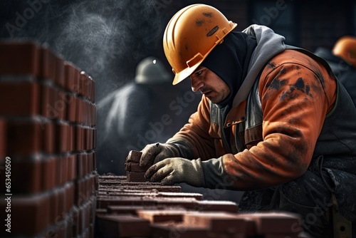 male bricklayer installing bricks on construction site photo