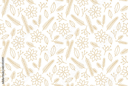 golden winter, christmas seamless pattern with poinsettia flowers and floral branches; great for greeting cards wrapping paper, wallpaper- vector illustration