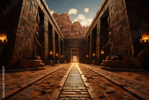 A Pharaoh's burial chamber adorned with hieroglyphic inscriptions and treasures, symbolizing the afterlife beliefs of ancient Egyptians. Generative Ai.