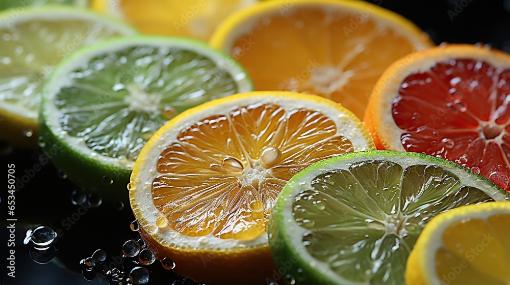 a close up of a group of citrus fruits with water droplets. generative ai a close up of a group of citrus fruits with water droplets. generative ai