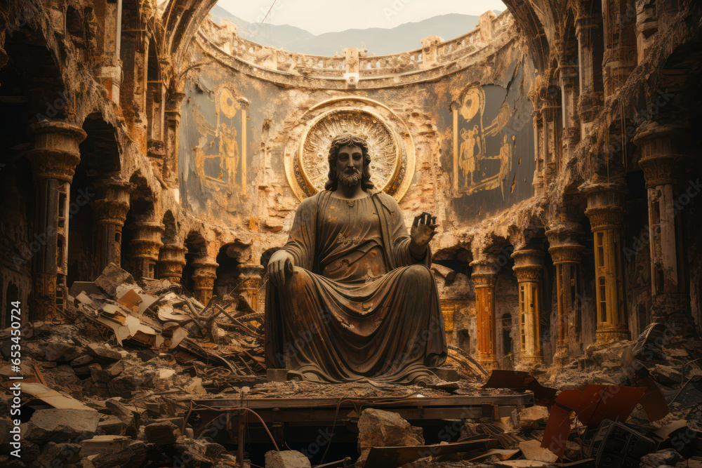A Byzantine mosaic of religious significance, found in the ruins of an ancient church. Generative Ai. A Byzantine mosaic of religious significance, found in the ruins of an ancient church. Generative Ai.