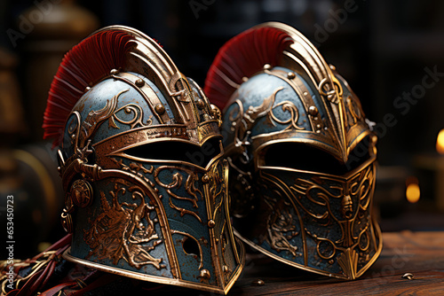 A pair of gladiator helmets, reminiscent of the fierce battles that took place in the Roman arenas. Generative Ai.