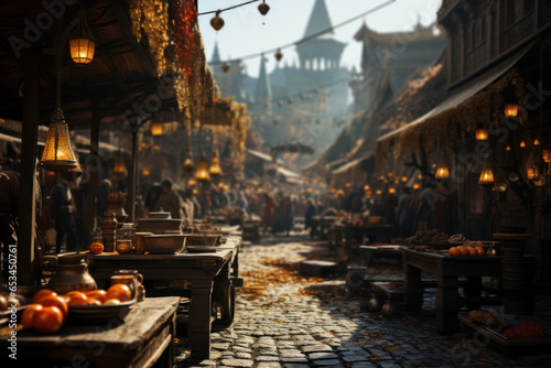 A bustling ancient marketplace with merchants from diverse cultures trading goods and ideas. Generative Ai.