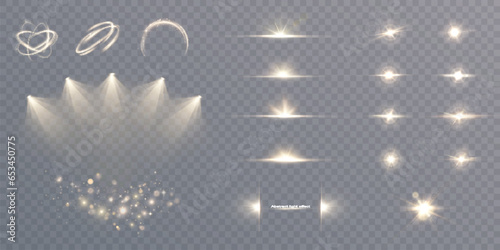 Set of light effects golden glowing light, spotlight, for greeting and Christmas illustrations isolated on transparent background. Solar flare with rays and glare. Glow effect. Vector