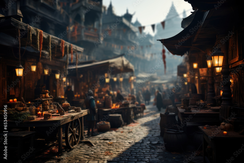 A bustling medieval marketplace, with merchants peddling spices, textiles, and exotic goods from distant lands. Generative Ai.