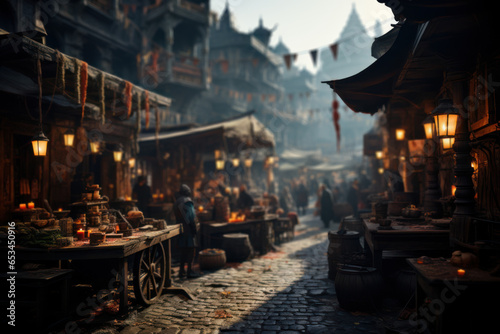 A bustling medieval marketplace, with merchants peddling spices, textiles, and exotic goods from distant lands. Generative Ai. © Sebastian