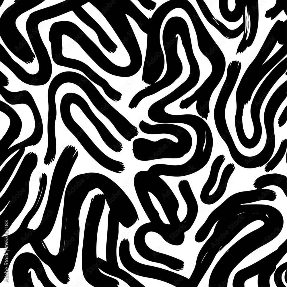 Abstract ink background with wavy and swirled brush strokes. Black paint freehand scribbles in a vector seamless pattern