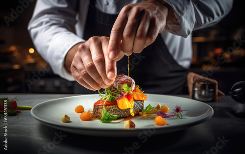 A chef garnishing a dish with precision. Generative AI
