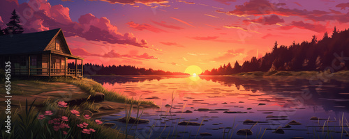 Anime-style illustration of a peaceful and cozy lakeside cabin at sunset © Georgina Burrows
