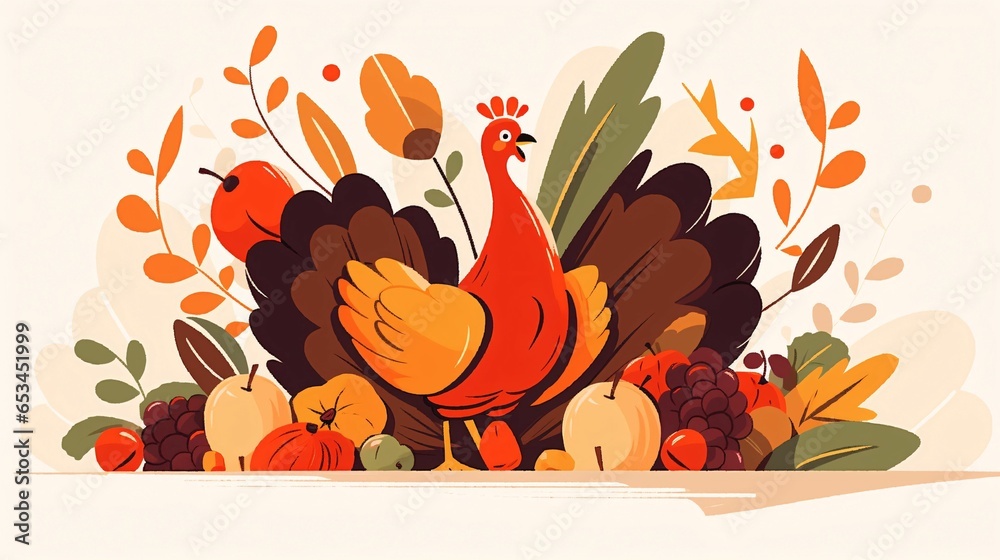 Vector illustration of a happy turkey enjoying a Thanksgiving harvest, featuring the bird surrounded by bountiful fruits and vegetables - obrazy, fototapety, plakaty 