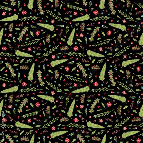 Wallpaper Mural Christmas seamless pattern with pine branches, holly, poinsettia and berries Torontodigital.ca