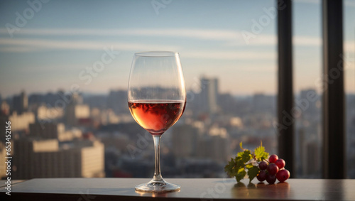 A luxurious glass of wine standing on a table with a beautiful view of the city from the window