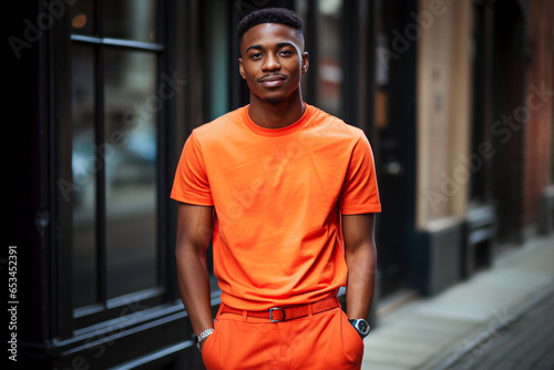 Portrait of a young African American man in an orange t-shirt. Selective focus.