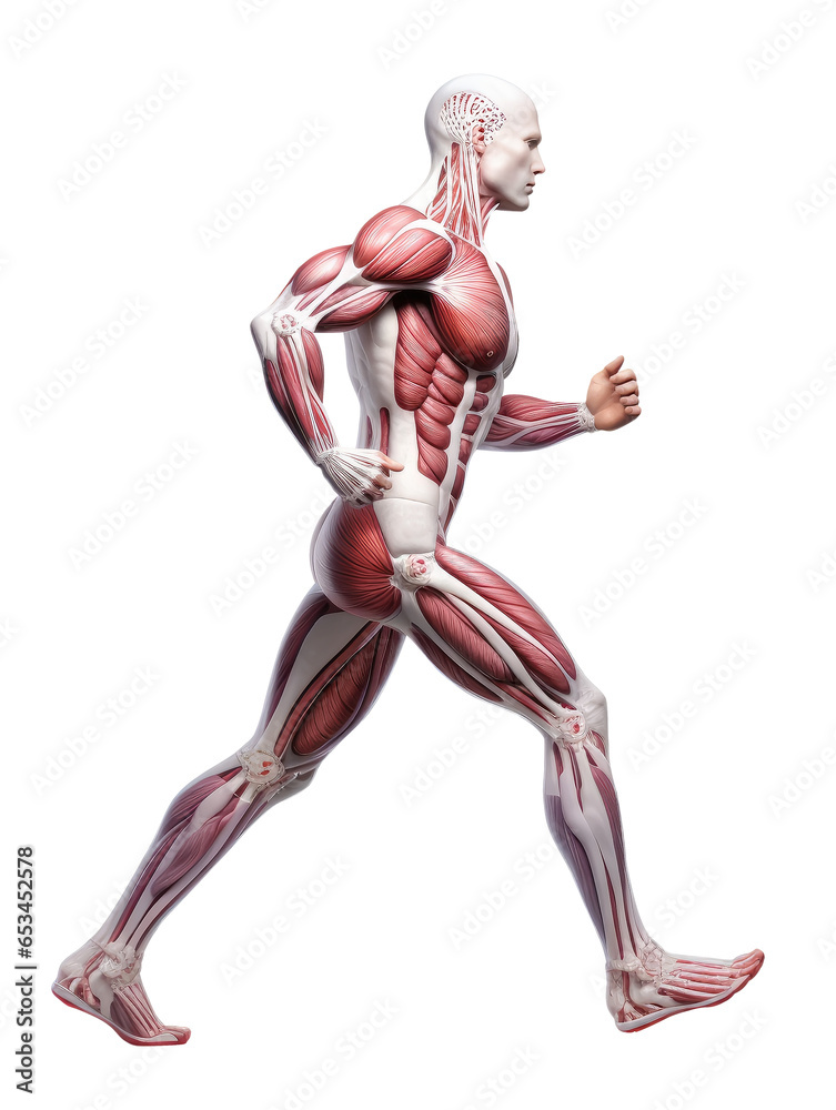 Body model manikin without skin with muscular systems. Anatomical structure. Illustration of anatomy of Running man muscles system isolated on transparent background. PNG. Generative Ai. Body model manikin without skin with muscular systems. Anatomical structure. Illustration of anatomy of Running man muscles system isolated on transparent background. PNG. Generative Ai.
