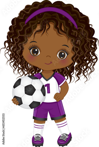 Vector Cute Little African American Girl Playing Soccer