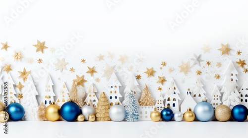 decorated christmas background with blue, white and gold elements on white copy space, aspectratio 16:9 photo