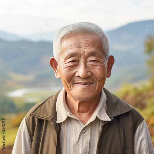 Asian elderly man looks into the frame