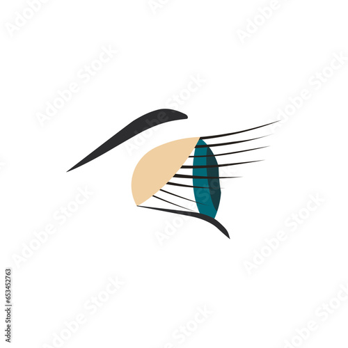 Simple illustration of a woman's eye in profile. Blue eye and eyebrow of woman. Vision, ophthalmology. Logo for the beauty salon. Lash extension, lash lift, brows.
