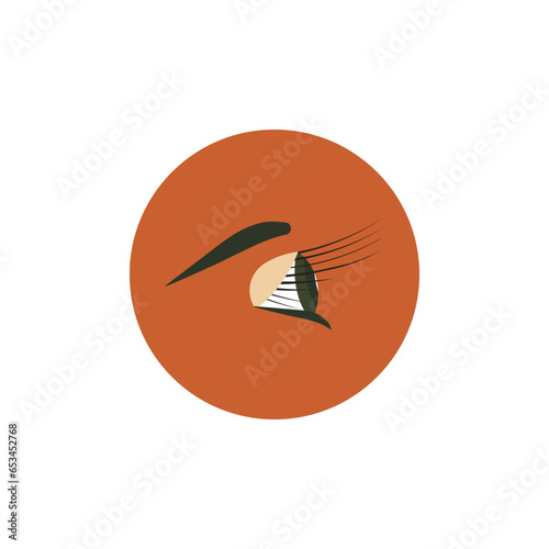 Simple illustration of a woman's eye in profile. Green eye and eyebrow of woman. Vision, ophthalmology. Logo for the beauty salon. Lash extension, lash lift, brows.