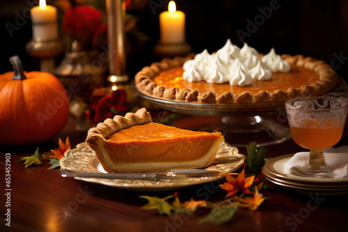 festive thanksgiving pumpkin pie dessert table with autumn décor