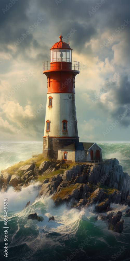 lighthouse on the coast sea ocean - by generative ai