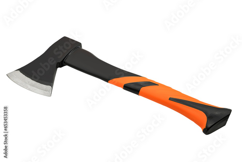 Forged steel axe with fiberglass orange handle isolated on white background