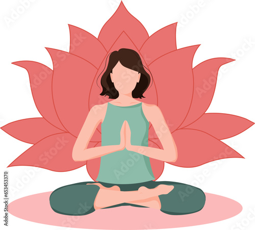 Woman sitting in a meditation position. Chakra meditation concept in red colors. Vector illustration isolated. Buddhism esoteric motivs. Use for spiritual, yoga, sport, social media, web and design.