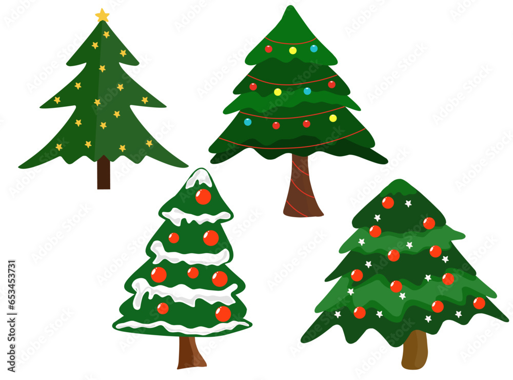 set of christmas trees with snow, balls and lamp set of christmas trees with snow, balls and lamp