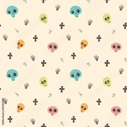 Cute Skull Seamless Pattern. Halloween Background vector illustration