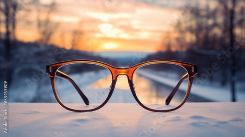 A pair of glasses sitting on top of a snow covered ground. Photorealistic AI.