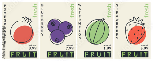 Set of vertical posters with fruits for price tags. Pomegranate, blueberry, watermelon, strawberry. Vector illustration