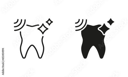 Dental Ultrasonic Cleaning Silhouette and Line Icons Set. Shining Tooth, Periodontal Whitening. Oral Care, Hygiene, Dental Treatment. Dentistry Black Symbol Collection. Isolated Vector Illustration