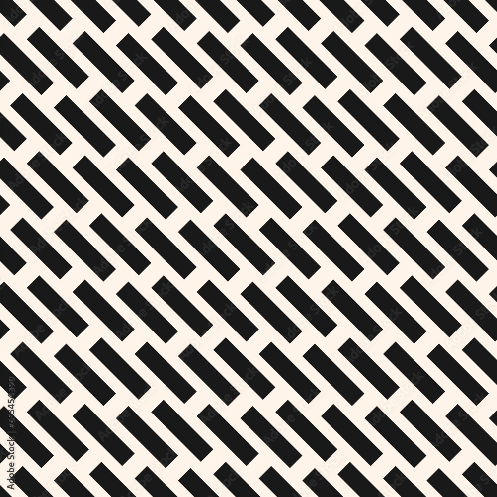 Simple black and white vector seamless pattern with diagonal dash lines, rectangles, parallel stripes. Paving stones floor texture, brick wall. Abstract monochrome background. Repeat design for decor