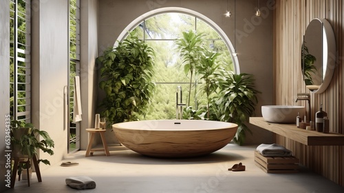 Modern bathroom minimalist interior design of with wooden bath and greenery