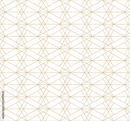 Golden line pattern. Vector geometric seamless texture with delicate grid, thin lines, diamonds, triangles. Subtle abstract gold and white background. Art deco style ornament. Luxury repeated design