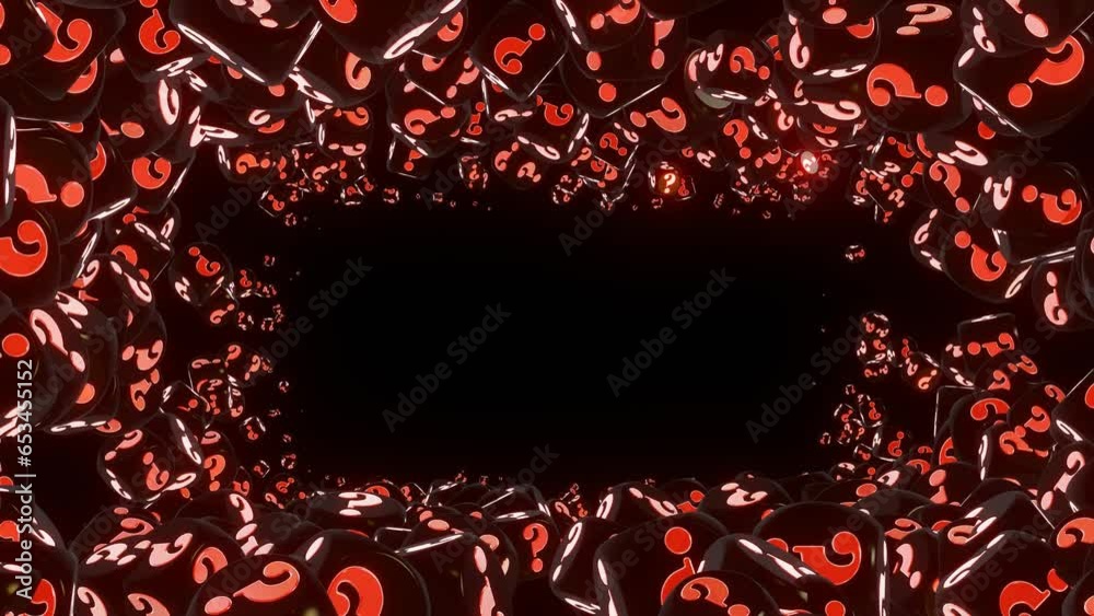 Black cubes with red question marks form a frame. Many black cubes labeled red question marks are rotating on white background and form of a frame. 4K seamless looping videos